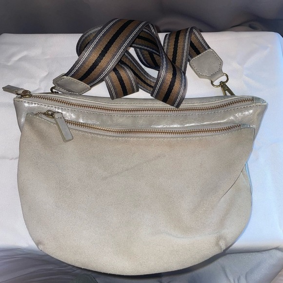 Anthropologie Vegan Leather Suede Crossbody Bag Purse Double Pouch Tan Gray - Picture 1 of 16
